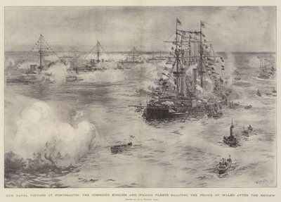 Nuestros visitantes navales en Portsmouth, las flotas combinadas inglesa e italiana saludando al Príncipe de Gales después de la revisión de William Lionel Wyllie